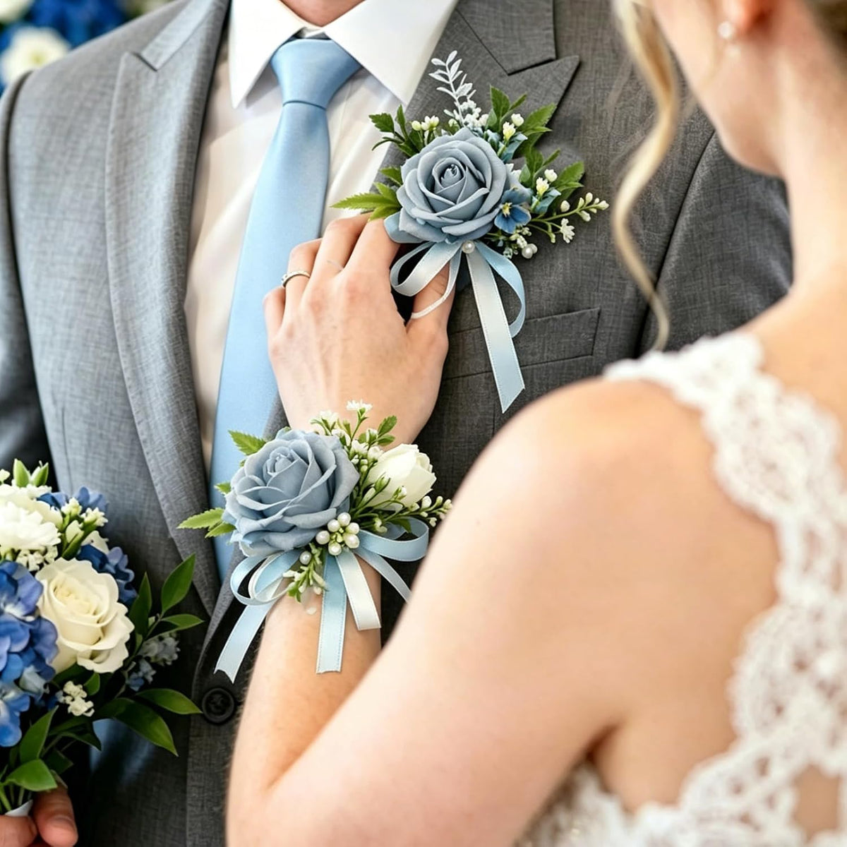 YIXAXKAO Prom Corsage and Boutonniere Set Prom Wrist Corsage and Boutonniere Artificial Rose Flowers Accessories Corsage Wristlet Band Bracelet with Solid Color Ties for Prom 2026 Decor (Light Blue)