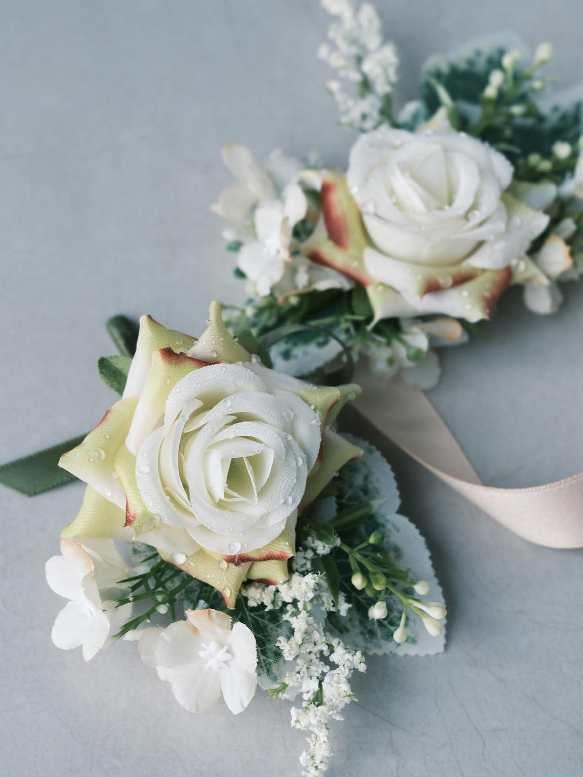 White Rose Wrist Corsage and Boutonniere Set with Ribbon Ties Wedding Prom Formal Accessories (White Style 3)
