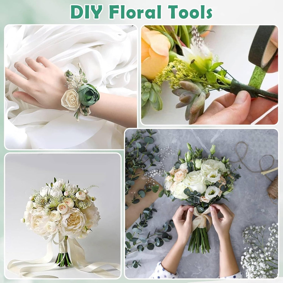 Paxcoo Floral Tape and Floral Wire Arrangement Tool Kit with Green Tape, Floral Wire, Boutonniere Flower pin, Cutter, White Ribbon and Elastic Pearl Wrist Corsage Bands for Bouquets