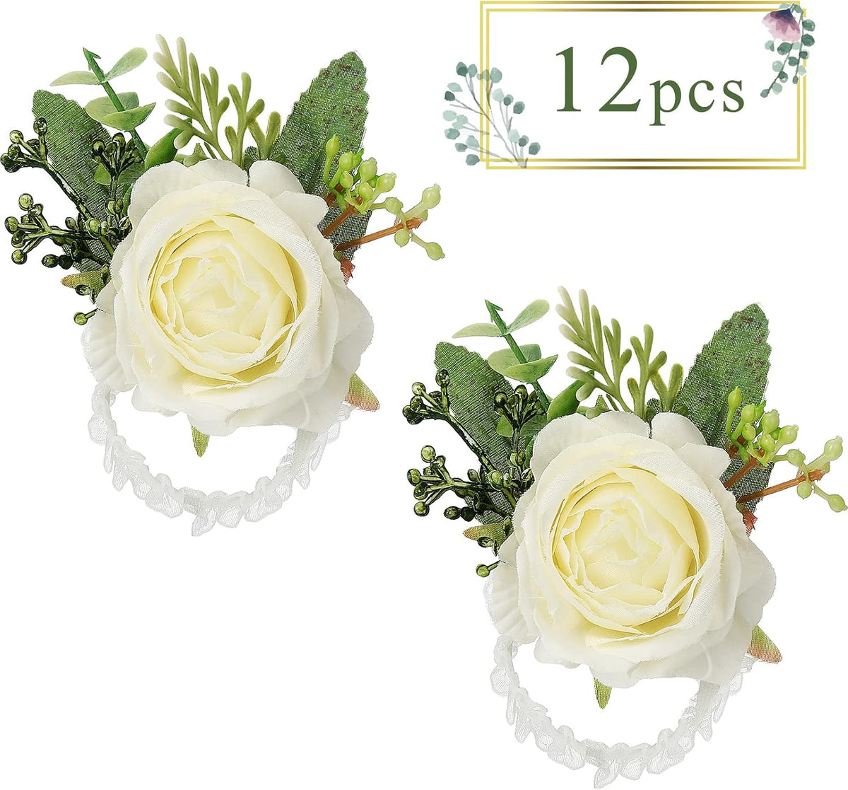 Jexine 12 Pcs Rose Wrist Corsage Bracelet Wedding Bridal, White Elegant