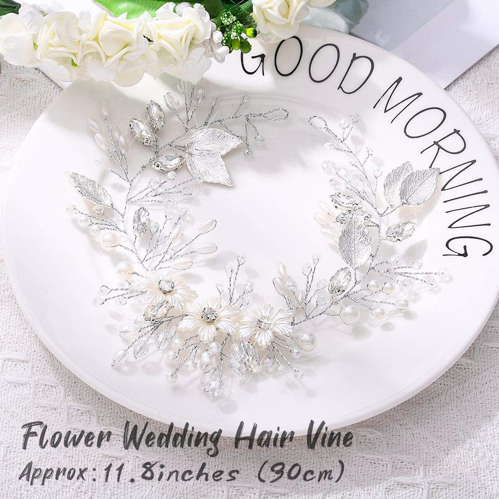 Unicra Bride Flower Wedding Hair Vine Leaf Silver Bridal Hair Piece Pearls Hair Accessories for Women