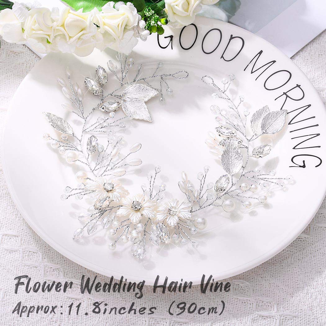 Unicra Bride Flower Wedding Hair Vine Leaf Silver Bridal Hair Piece Pearls Hair Accessories for Women