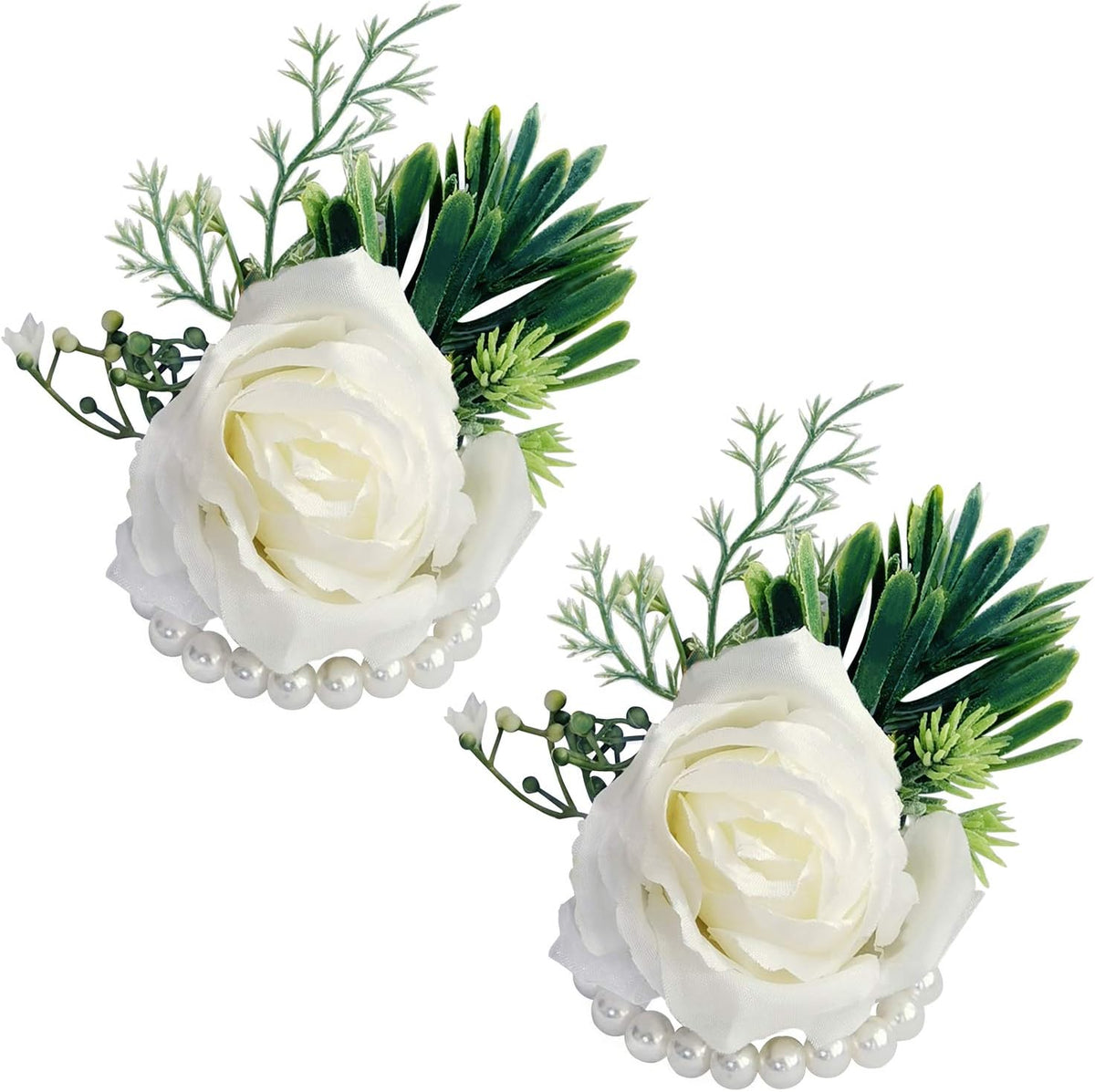 White Rose Wrist Flowers and Men's Corsage Wedding Flowers Ceremony,2Pcs Boutonniere Buttonholes and Wrist Corsage Wristband Roses Wrist Corsage (2pcs White Wrist Corsages)