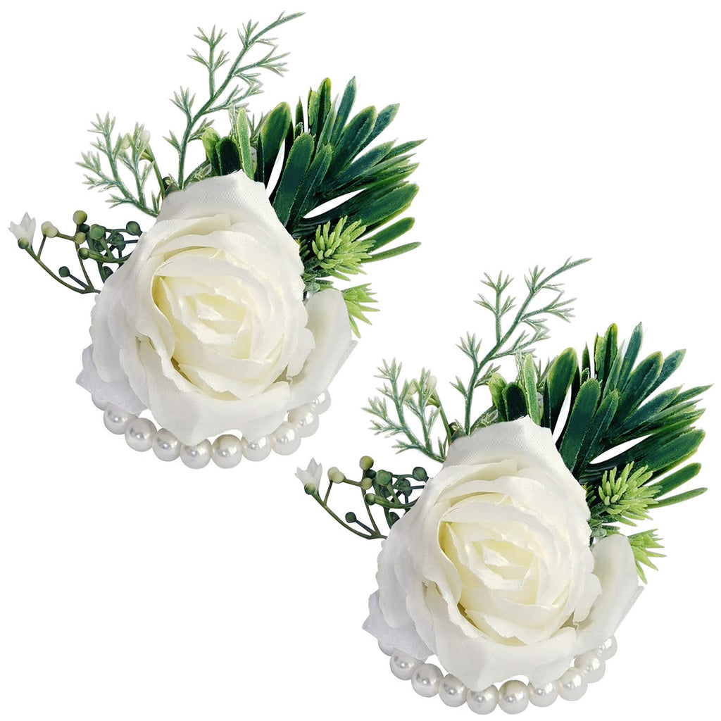 White Rose Wrist Flowers and Men's Corsage Wedding Flowers Ceremony,2Pcs Boutonniere Buttonholes and Wrist Corsage Wristband Roses Wrist Corsage (2pcs White Wrist Corsages)
