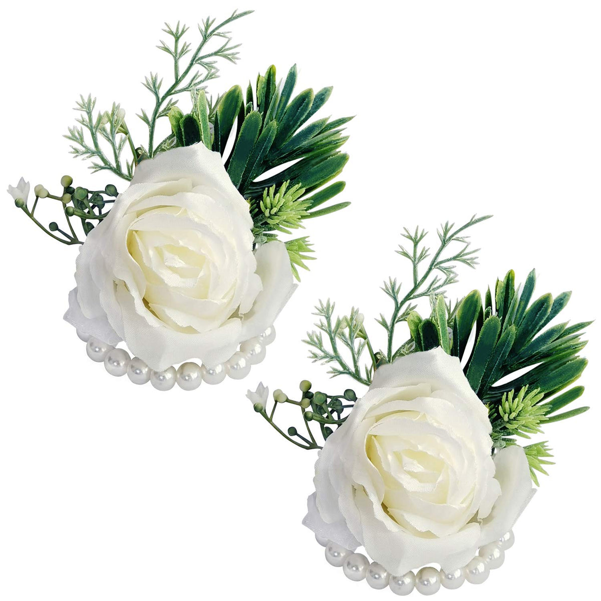 White Rose Wrist Flowers and Men's Corsage Wedding Flowers Ceremony,2Pcs Boutonniere Buttonholes and Wrist Corsage Wristband Roses Wrist Corsage (2pcs White Wrist Corsages)