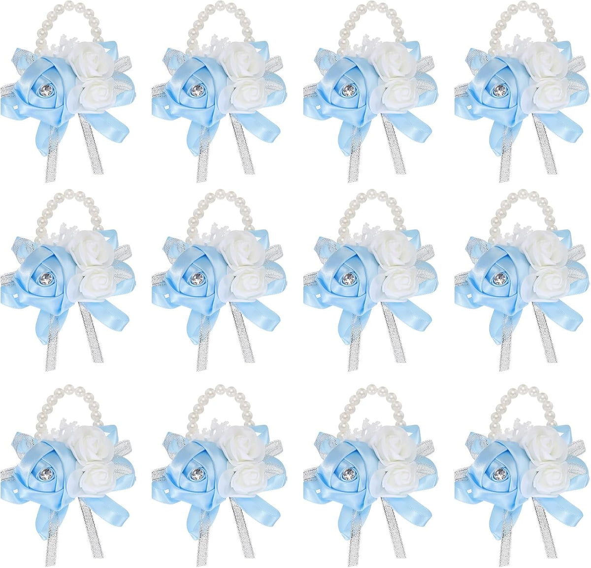 MECCANIXITY 12Pcs Wrist Corsage Artificial Flower Bracelets Rose Wrist Bride Groom Decorative for Wedding Ceremony Prom Party Anniversary Sky Blue