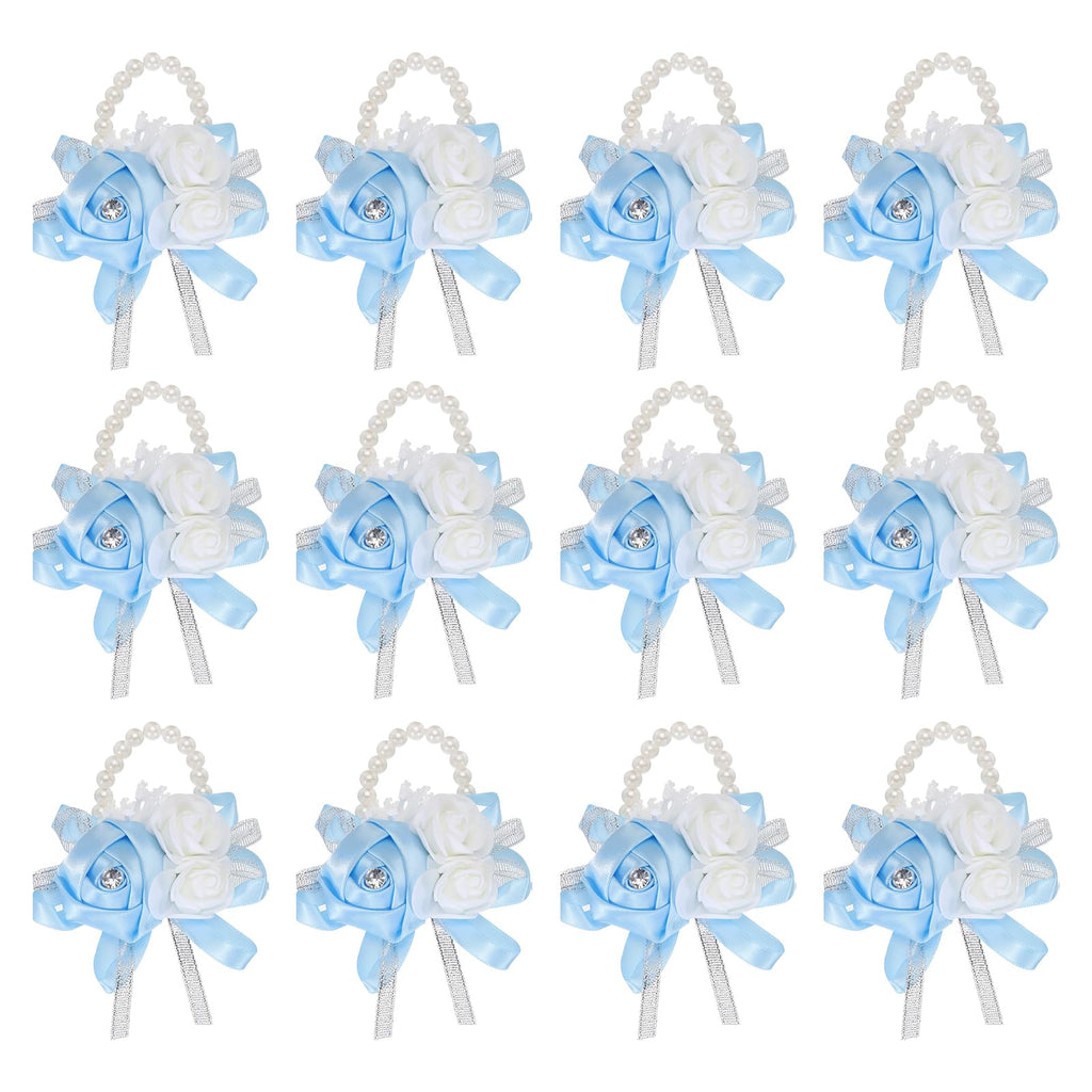 MECCANIXITY 12Pcs Wrist Corsage Artificial Flower Bracelets Rose Wrist Bride Groom Decorative for Wedding Ceremony Prom Party Anniversary Sky Blue