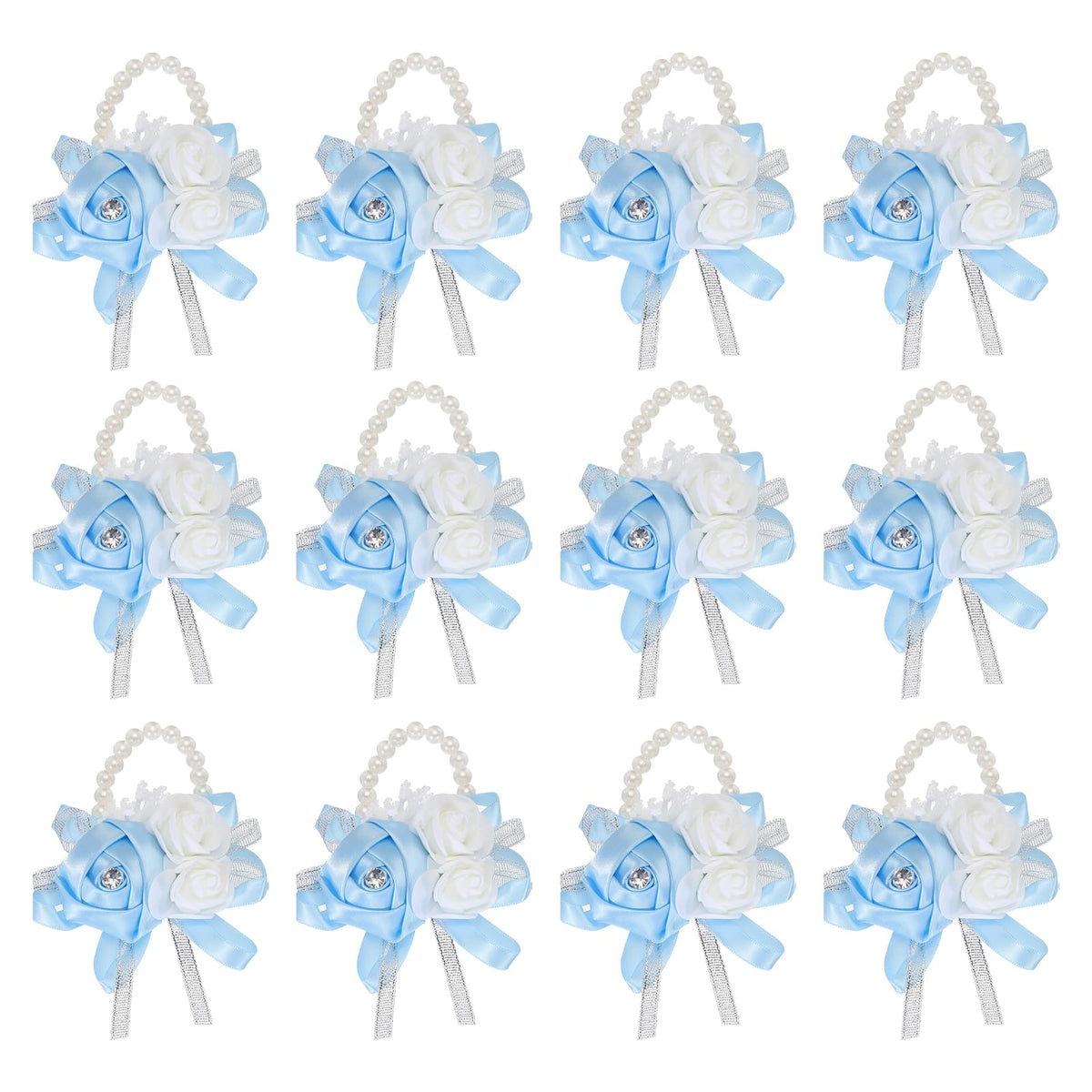 MECCANIXITY 12Pcs Wrist Corsage Artificial Flower Bracelets Rose Wrist Bride Groom Decorative for Wedding Ceremony Prom Party Anniversary Sky Blue