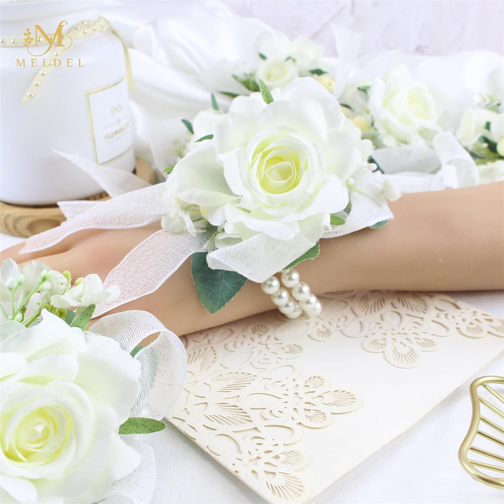 6Pcs White Artificial Silk Rose Wrist Corsages Wedding Prom
