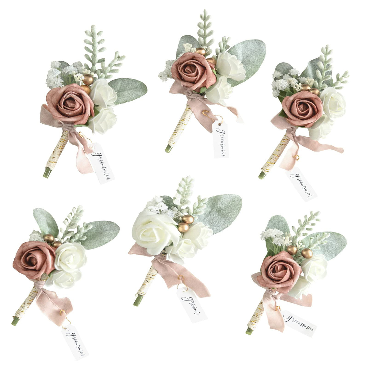 Lookein Set of 2 Wedding Boutonniere for Men Artificial Flowers Wedding Groom Groomsmen Boutonniere for Wedding Ceremony Anniversary Formal Dinner Party, Dusty Rose
