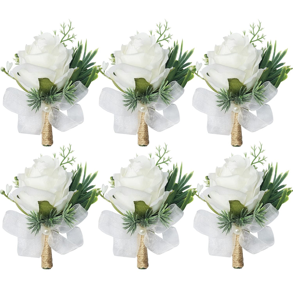 White Rose Wrist Flowers and Men's Corsage Wedding Flowers Ceremony,2Pcs Boutonniere Buttonholes and Wrist Corsage Wristband Roses Wrist Corsage (2pcs White Wrist Corsages)