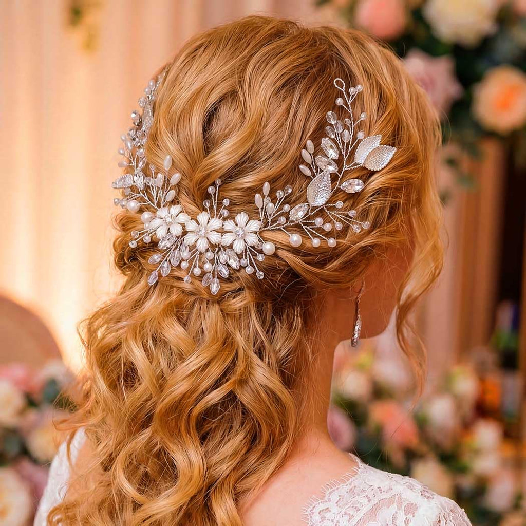 Unicra Bride Flower Wedding Hair Vine Leaf Silver Bridal Hair Piece Pearls Hair Accessories for Women