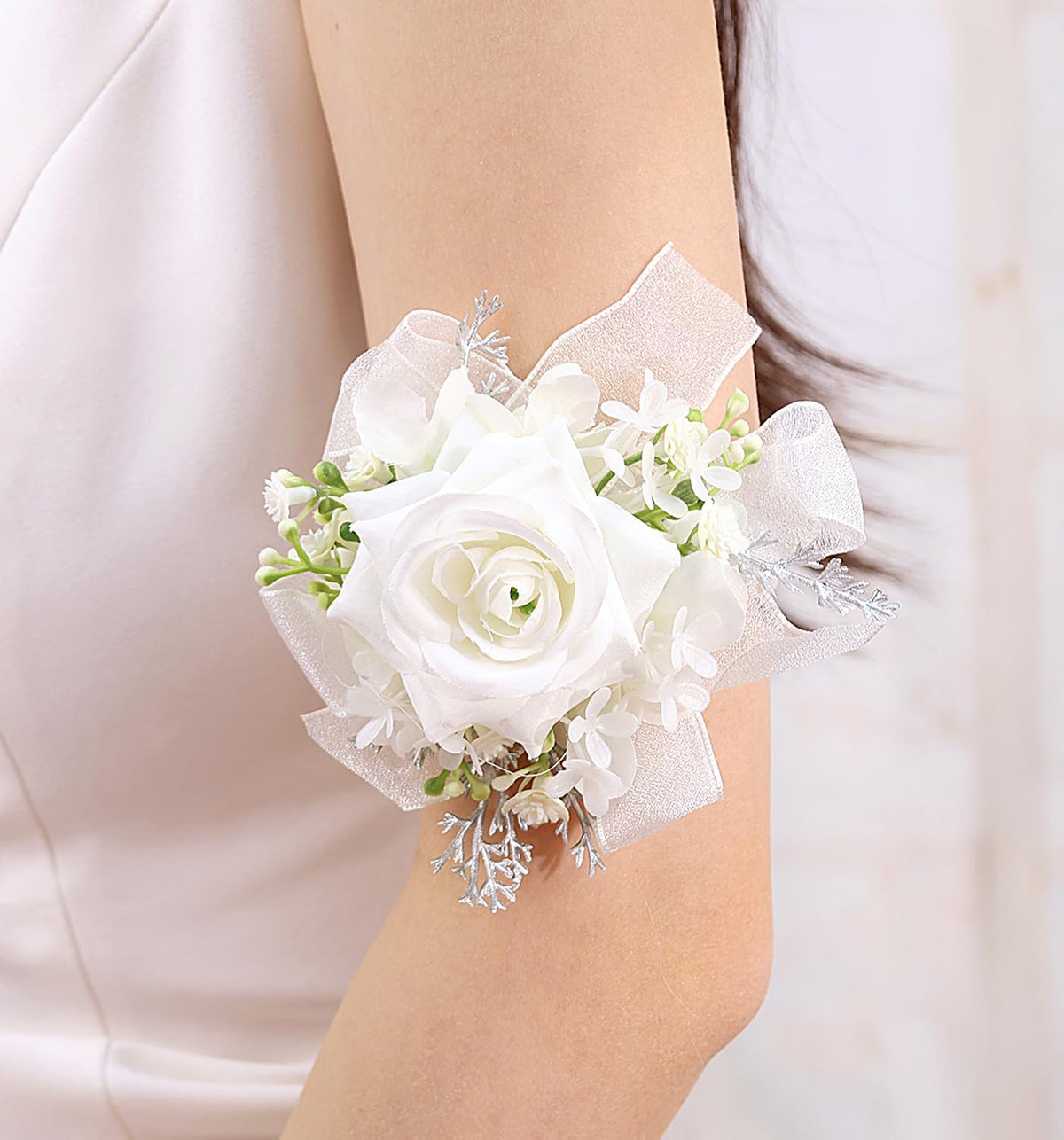 Bethynas Bridal Prom Rose Wrist Corsage Artificial Flower Pearl Wristlet Bridesmaid Hand Flower Bracelet Wristband for Wedding Ceremony Party (Pearl Flower - White)