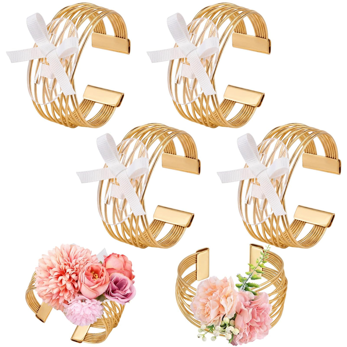 Hotop 4 Set Gold Hammered Wrist Corsage Bracelets Stackable Cuff