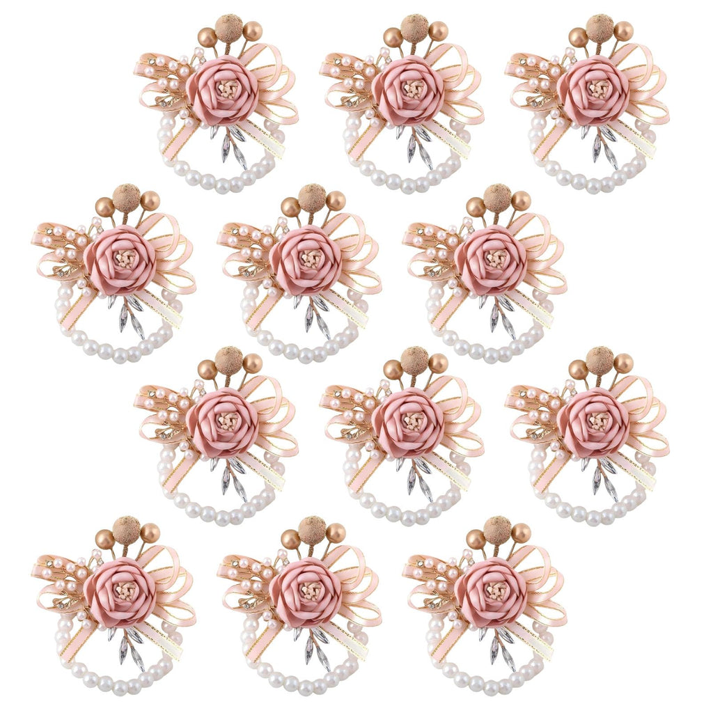 Wrist Corsages Set of 6 for Wedding Bridal Bride Bridesmaid Artificial Hand Flower Corsage Wristlet Band Homecoming Graduation Prom Party Ivory and Pink