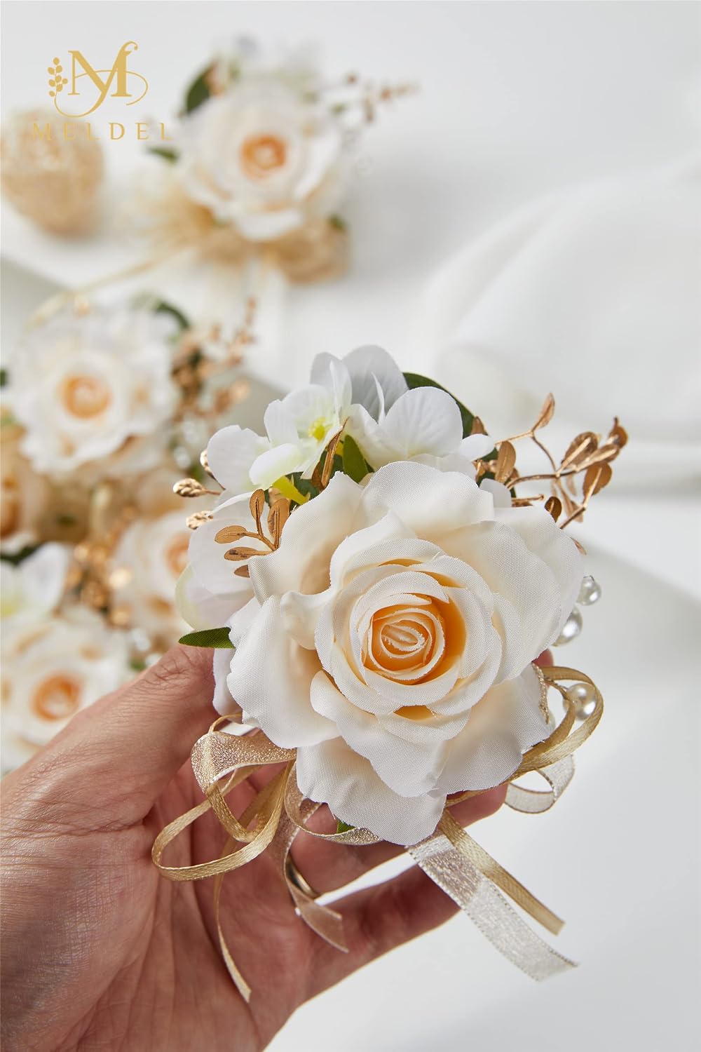 Women Champagne Faux Rose Wrist Corsages Set 6Pcs for Wedding Prom