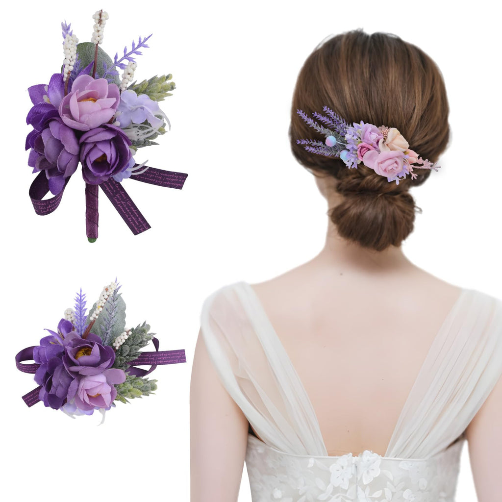 Wrist Corsage and Boutonniere Set, 1 Set Small Rose Purple Hand Flower for Prom Artificial Wedding Wrist Corsage for Wedding Party Prom