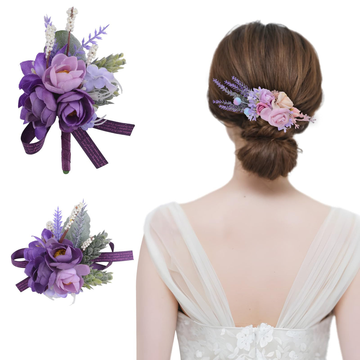 Wrist Corsage and Boutonniere Set, 1 Set Small Rose Purple Hand Flower for Prom Artificial Wedding Wrist Corsage for Wedding Party Prom