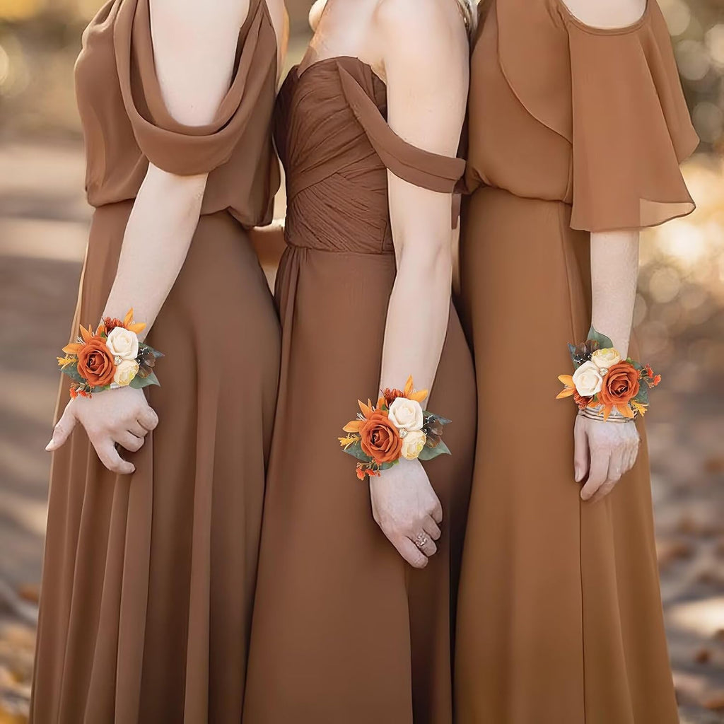 Set of 6 Terracotta Flowers Wrist Corsage for Wedding Party Prom Corsages Wristlet Decor Orange Hand Flowers for Bridesmaid Girl Mother of The Bride