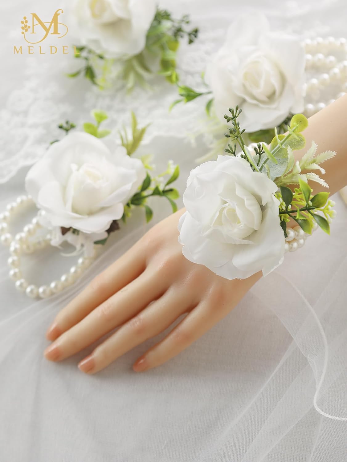 6Pcs Ivory White Rose Wrist Corsage for Women Wedding Prom Party