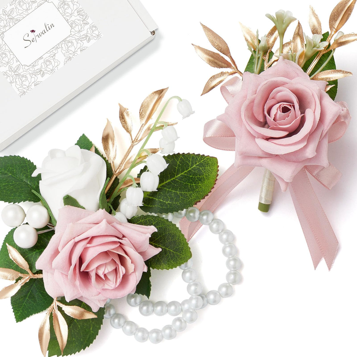 Serwalin 6 Pcs Champagne Rose Wrist Corsage Wristlet for Wedding Prom Party