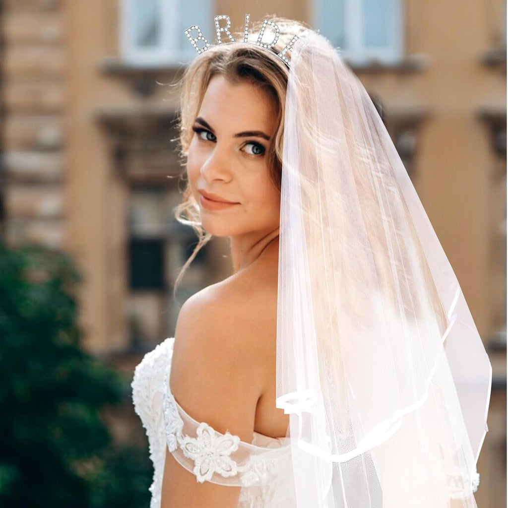 KICOSY Bride Headband and Sash Veil for Bachelorette Party Tiara Veil for Wedding Bridal Shower Hairband With Veil Bridal Sash Wedding Headpiece for Bride