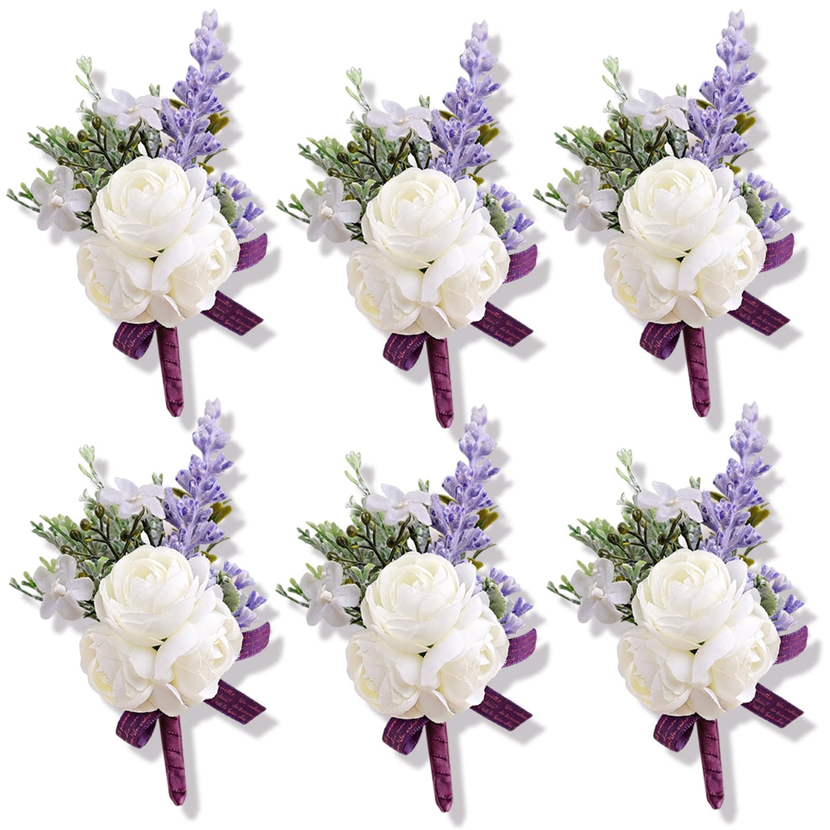 Lavender Purple Faux Wrist Corsages, Set of 6, for Bride Wedding