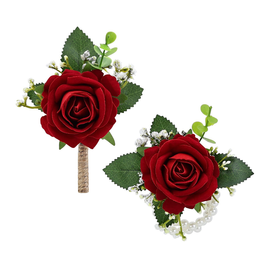 2Pcs Royal Blue Rose Corsage and Men Boutonniere Set, Wrist Band Bracelets, for Wedding Bride Bridesmaid Groom Groomsmen Flower Accessories Prom Party Man Suit Decor