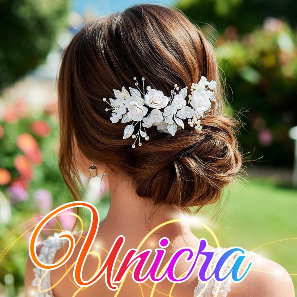Unicra Flower Bride Wedding Hair Vine Pearl Bridal Hair Piece Leaf Hair Accessories Rhinestone Headband for Women (9inches) (Silver)