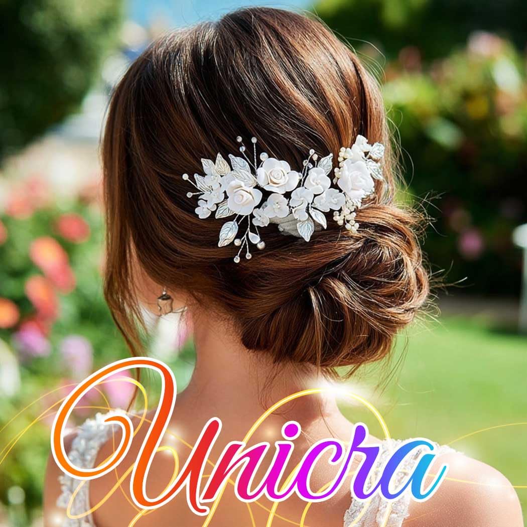 Unicra Flower Bride Wedding Hair Vine Pearl Bridal Hair Piece Leaf Hair Accessories Rhinestone Headband for Women (9inches) (Silver)