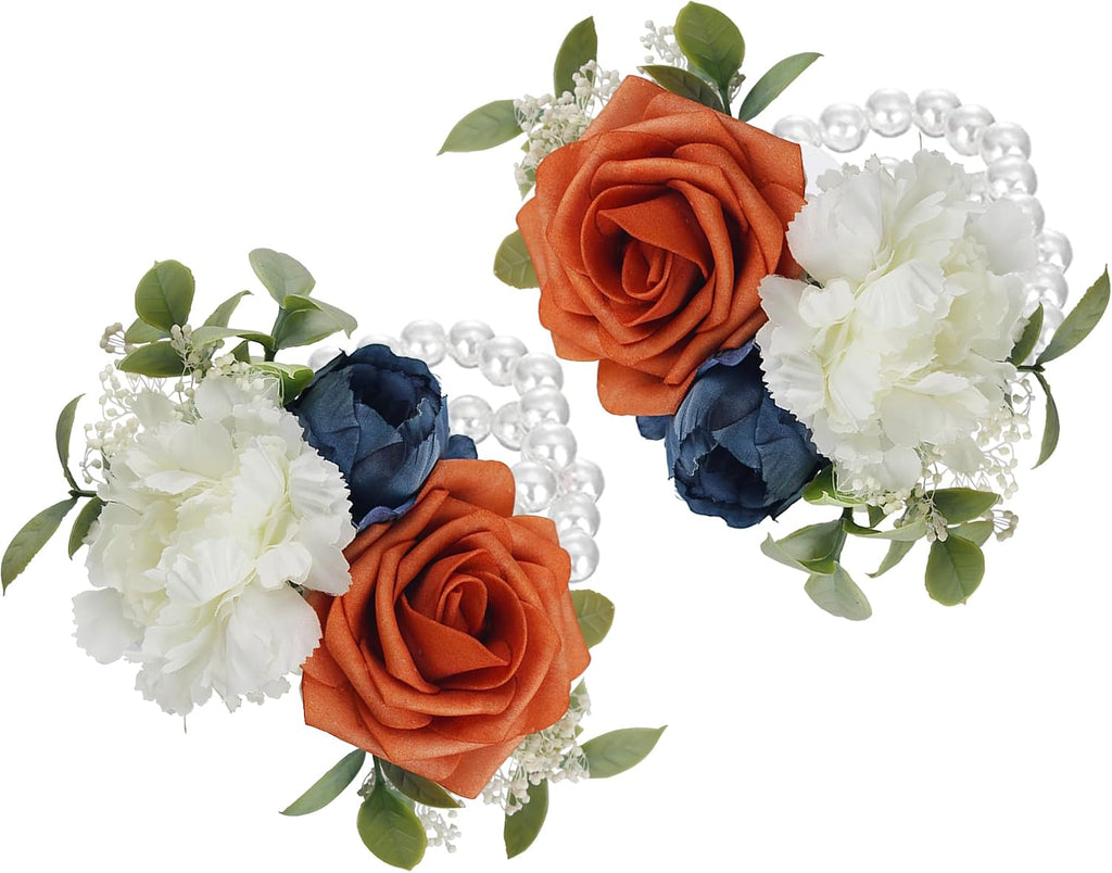 Rinlong 2Pcs Navy Terracotta Wrist Corsage for Wedding, Prom, Homecoming