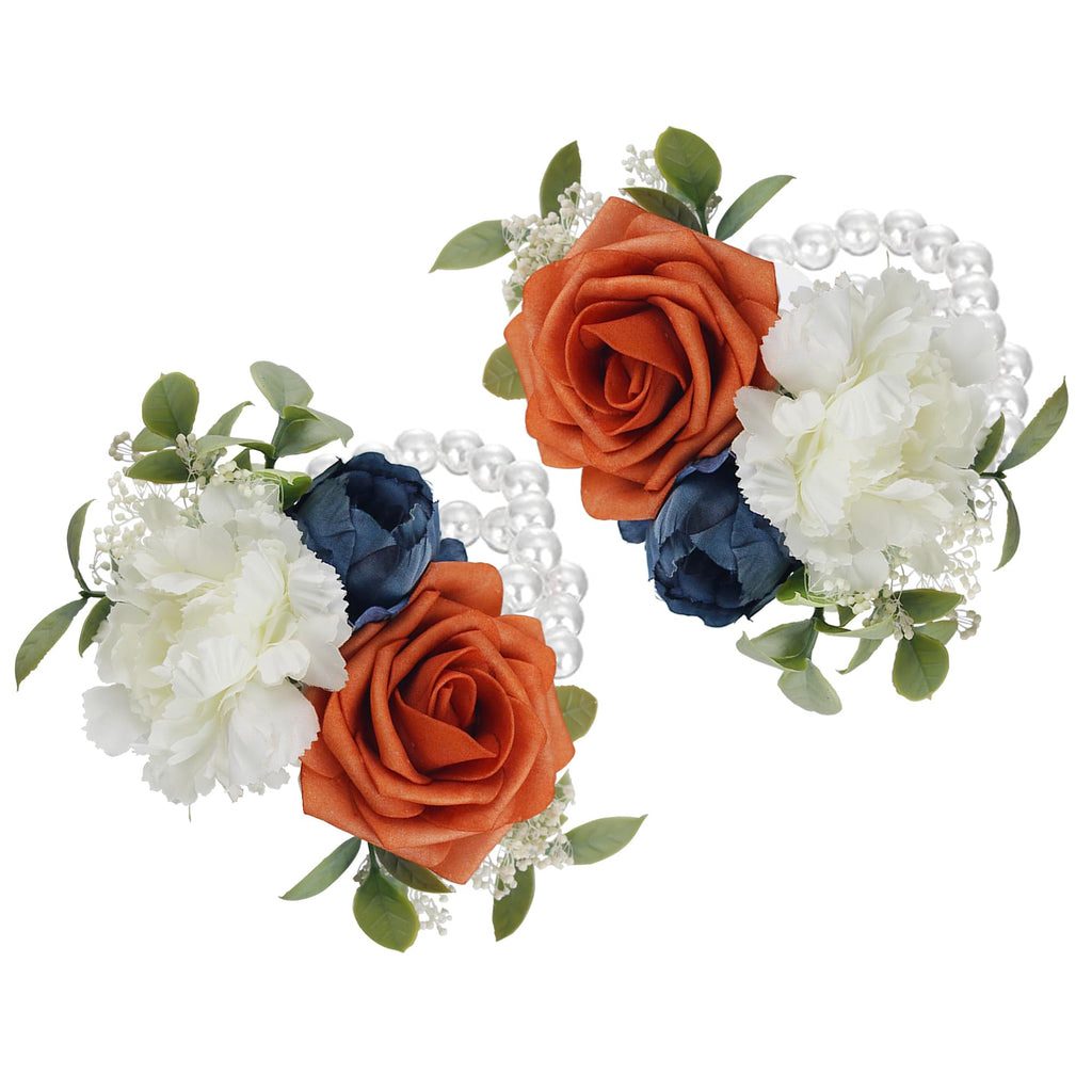 Rinlong 2Pcs Navy Terracotta Wrist Corsage for Wedding, Prom, Homecoming