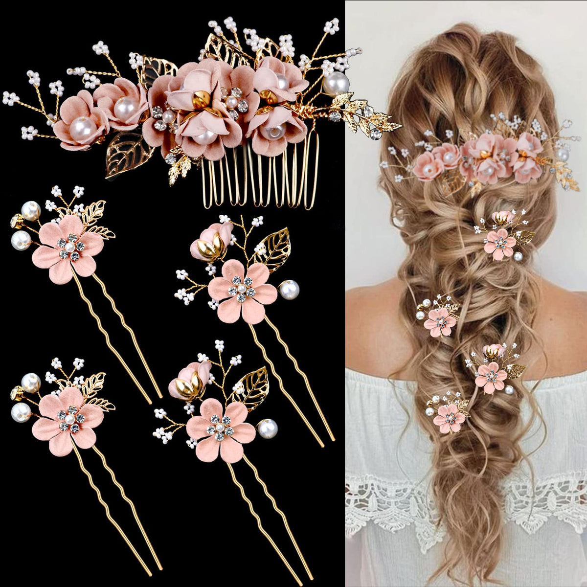 5 PCS Bridal Flower Wedding Hair Pins Crystal Pearl Hair Clips Headpiece Gold Wedding Hair Accessories Jewelry with Rhinestone for Brides Bridesmaids Women Girls Updo, Special Cream Blue