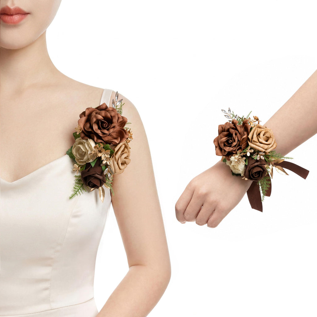 Ling's moment 2pcs Prom Wrist/Shoulder Corsage, Fall Terracotta
