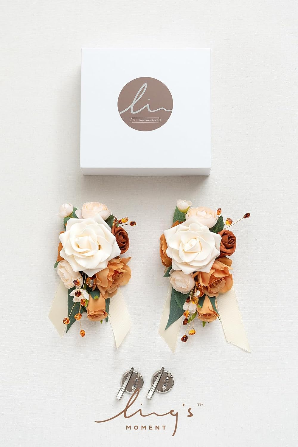 Ling's moment 2pcs Prom Wrist/Shoulder Corsage, Fall Terracotta
