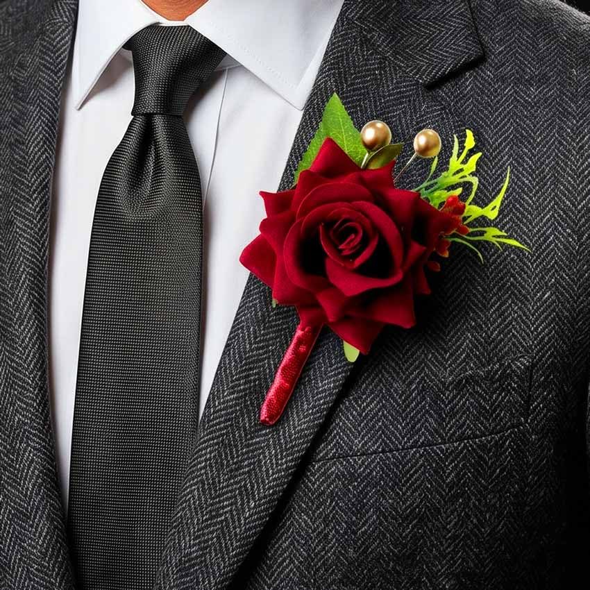 White Rose Boutonniere for Men Wedding Artificial Flower Boutonniere with Gold Beads for Groom Groomsmen Prom (White)