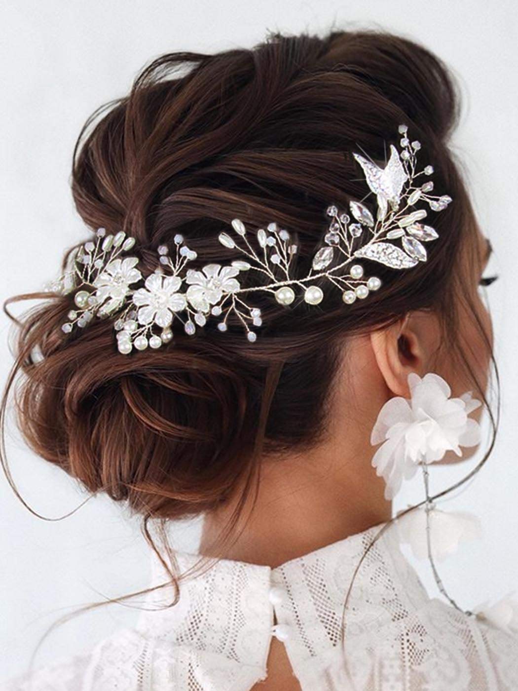 Unicra Bride Flower Wedding Hair Vine Leaf Silver Bridal Hair Piece Pearls Hair Accessories for Women