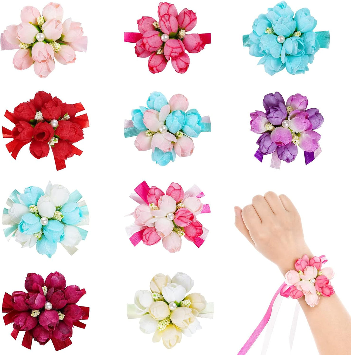 Tongcloud 10pcs Artificial Rose Wrist Corsage, 10 Color Variety, Wrist Flower for Girls Women Bride Wedding Party, Plant Decor, 10 Units per Package