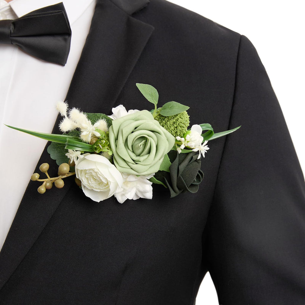 Ling's Moment Boutonniere for Men with Pin, White Ranunculus Ivory, 6"Wx5"H