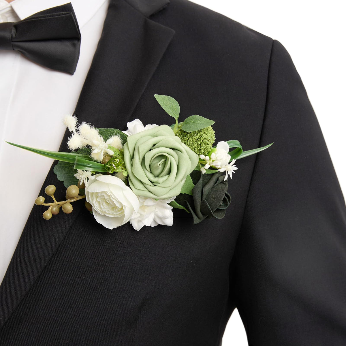 Ling's Moment Boutonniere for Men with Pin, White Ranunculus Ivory, 6"Wx5"H