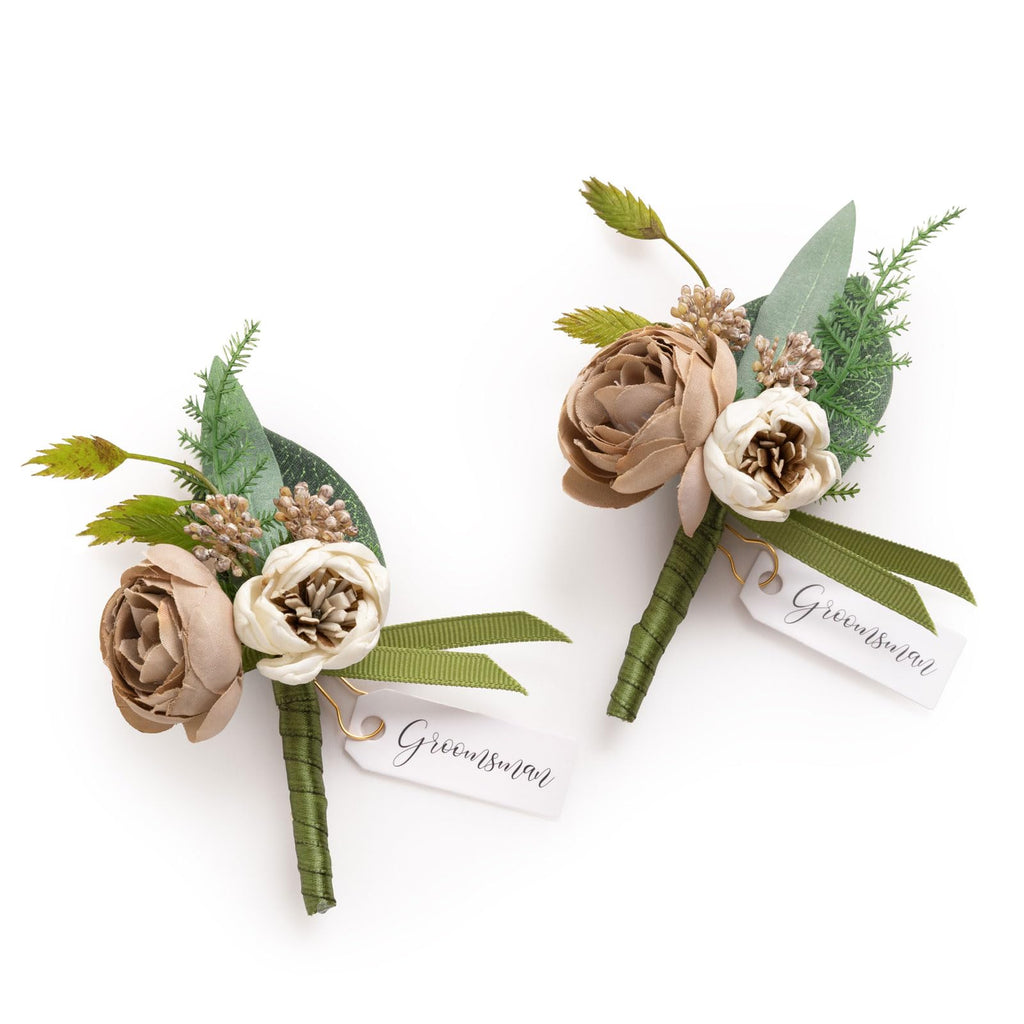 Ling's moment Boutonniere for Men, 2pcs, White Ivory