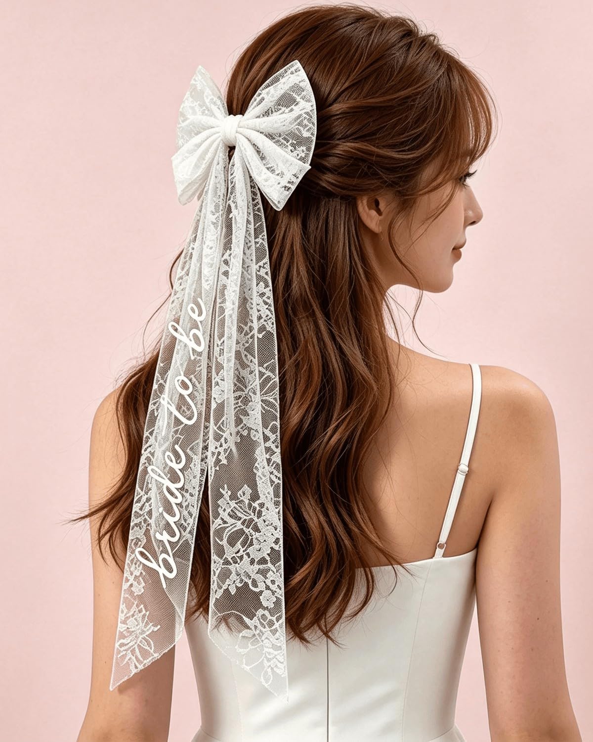 Lace Bride to Be Veil with White Bow, Short Bridal Hair Accessory