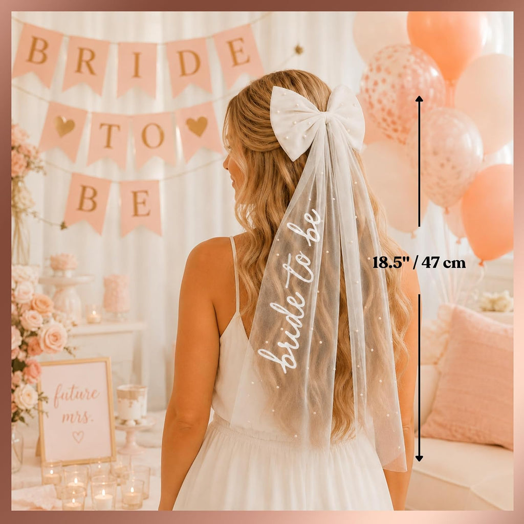 White Pearl Bride to Be Veil with Bride Bow, Bachelorette Party Accessories