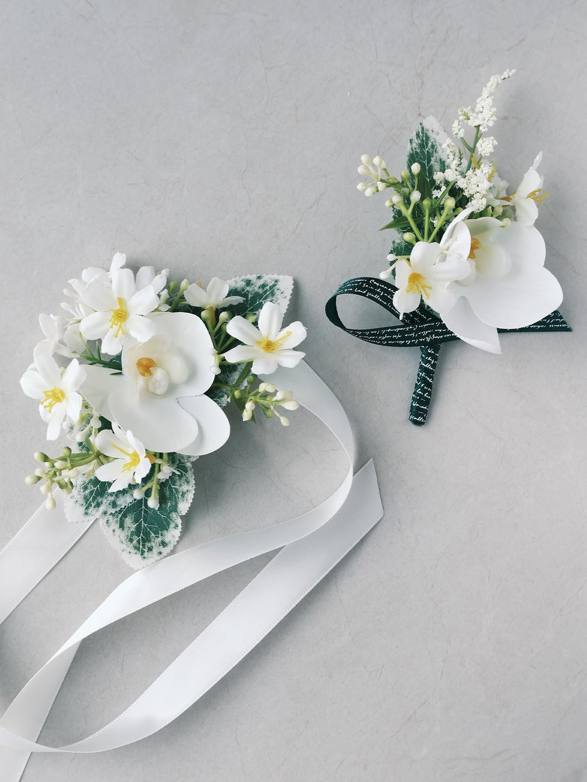 White Rose Wrist Corsage and Boutonniere Set with Ribbon Ties Wedding Prom Formal Accessories (White Style 3)