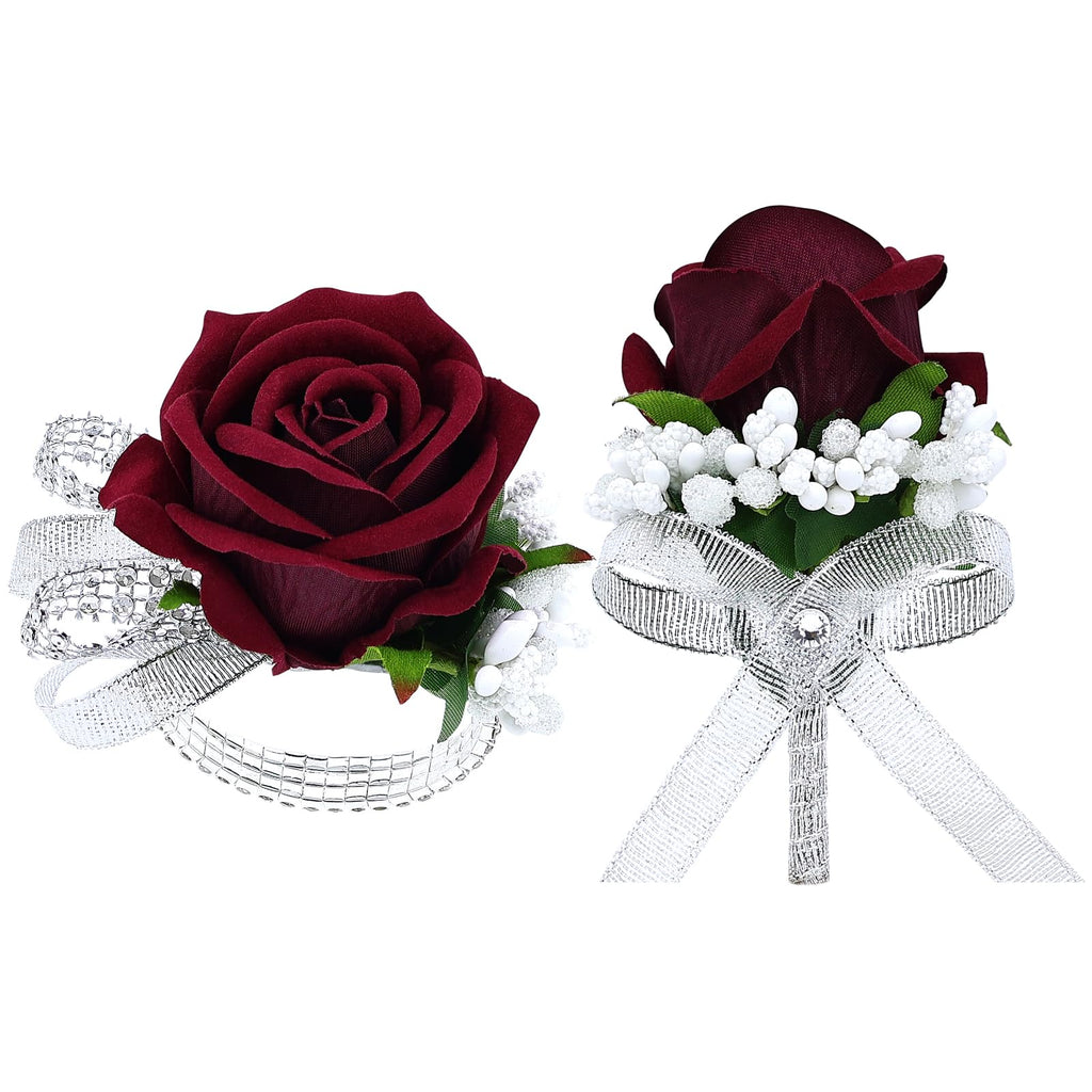 2Pcs Black Rose Corsage and Men Boutonniere Set Women Wristlet Band Wrist Bracelets, for Prom Wedding Ceremony Flowers Decorations and Homecoming Party Accessories