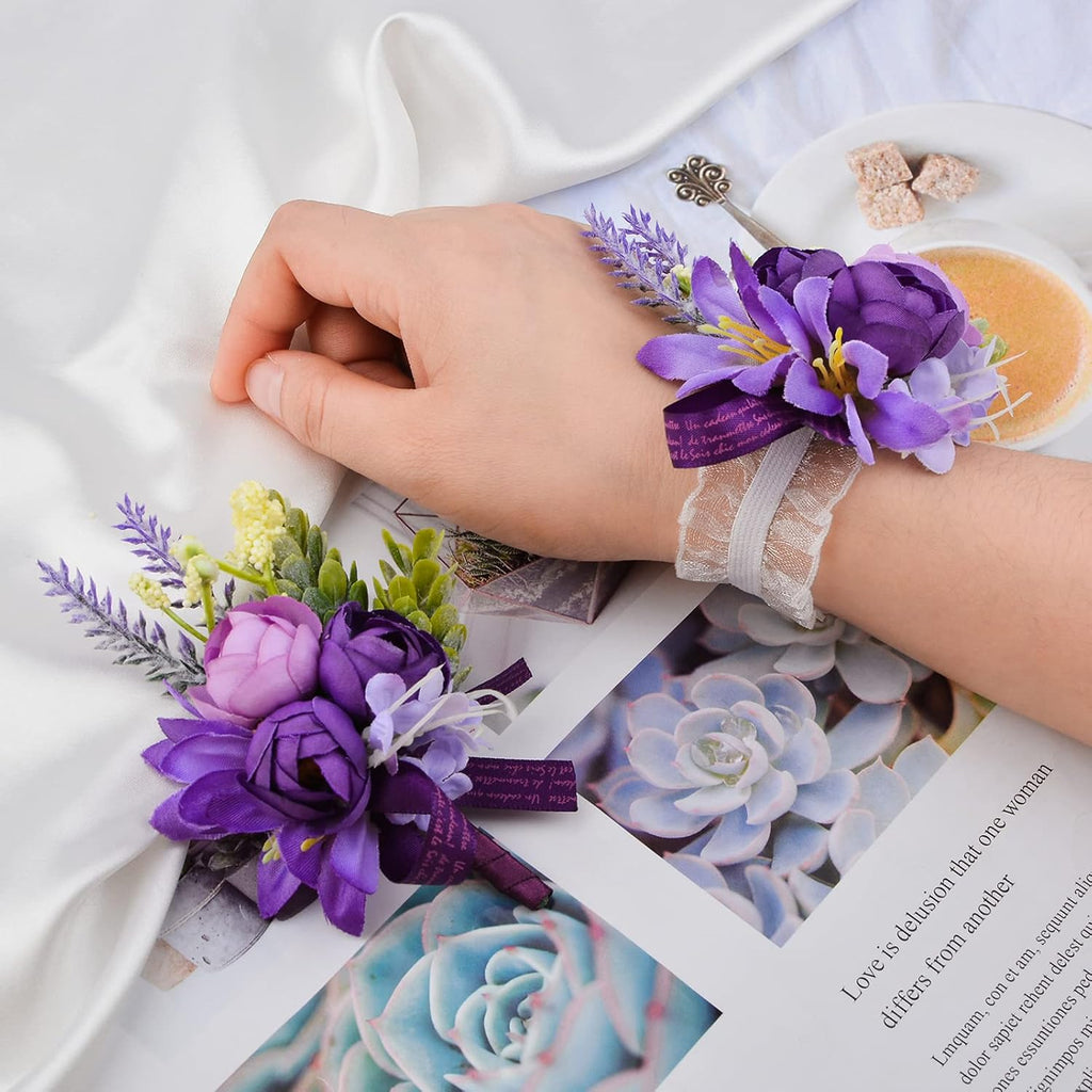 Wrist Corsage and Boutonniere Set, 1 Set Small Rose Purple Hand Flower for Prom Artificial Wedding Wrist Corsage for Wedding Party Prom