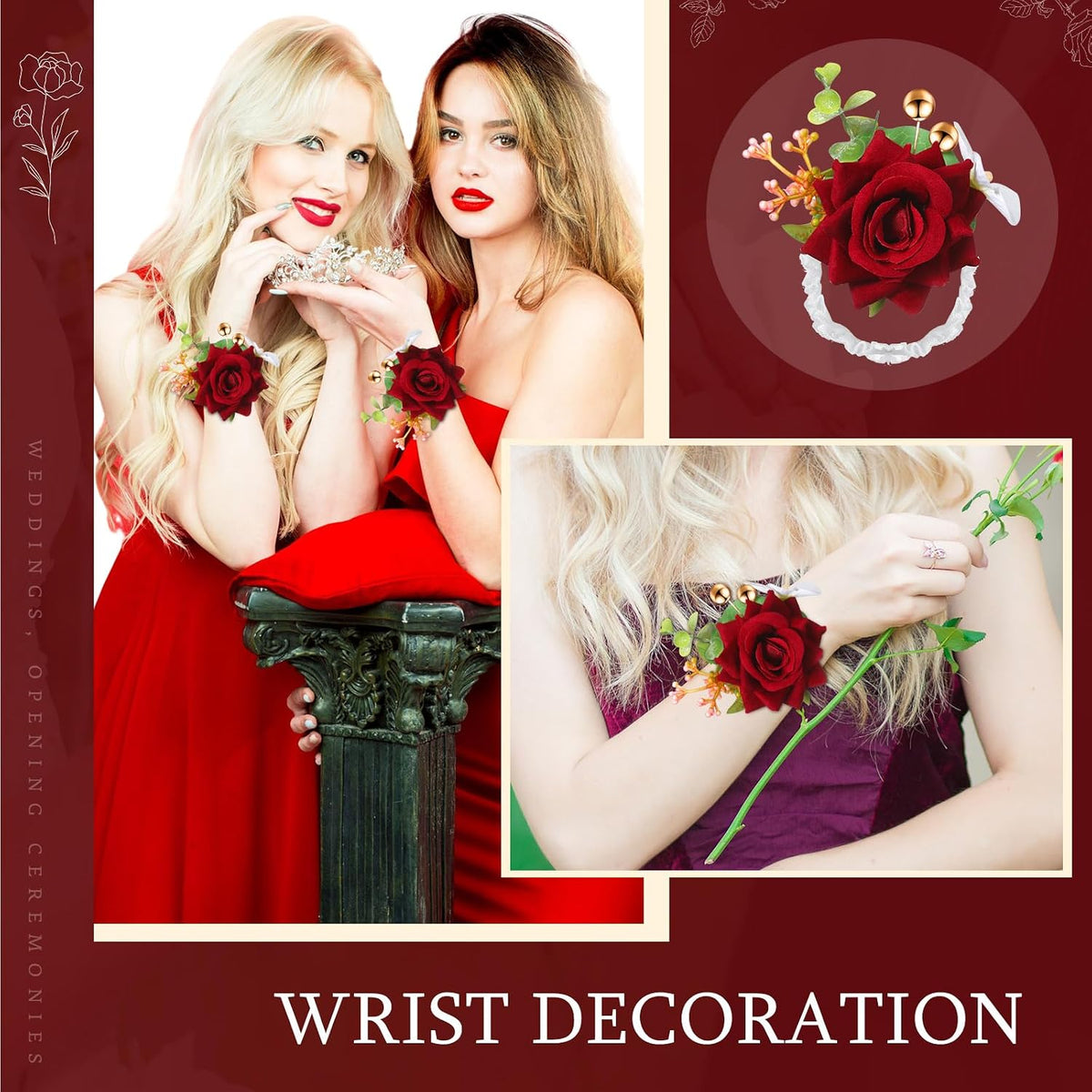 Sherr 24 Pcs Red Wrist Corsage Wristlet Bridesmaid Wedding,Wine Red