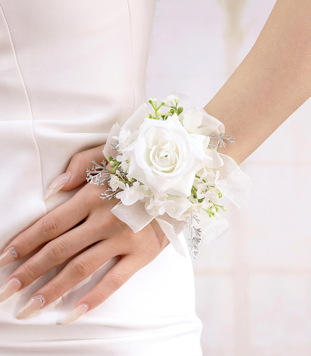 Bethynas Bridal Prom Rose Wrist Corsage Artificial Flower Pearl Wristlet Bridesmaid Hand Flower Bracelet Wristband for Wedding Ceremony Party (Pearl Flower - White)