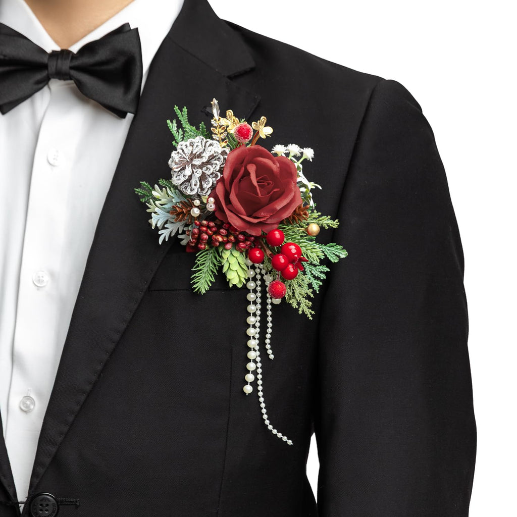 TINGE TIME Luxury Groom Boutonniere for Wedding, 1 PCS Pocket Boutonniere for Men Wedding, Prom, Homecoming, Anniversary, Graduation, Christmas Dinner (Terracotta)