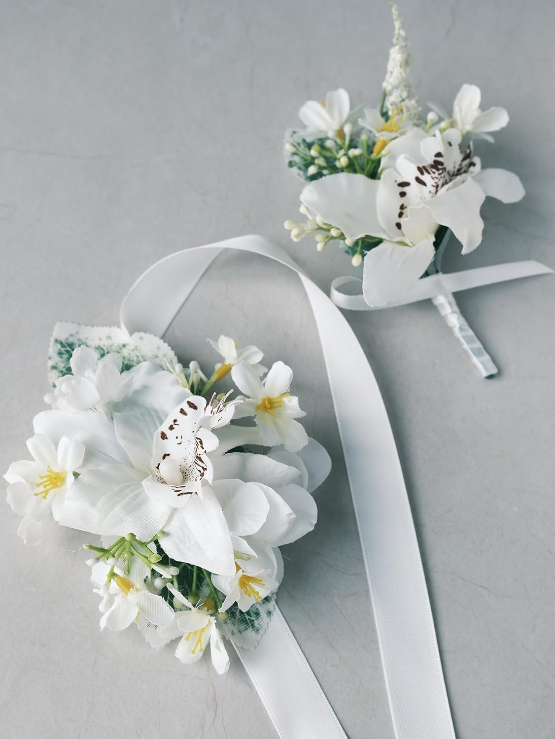 White Rose Wrist Corsage and Boutonniere Set with Ribbon Ties Wedding Prom Formal Accessories (White Style 3)
